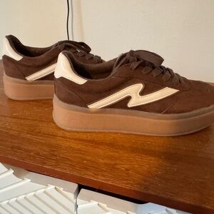 Madden Girl Brown Suede Platform Sneakers with Cream Stripe